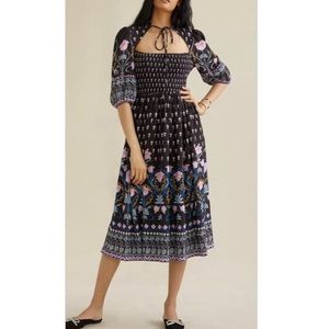 Anthropologie Dasha Smocked Floral Print Midi Dress in Black Medium Petite